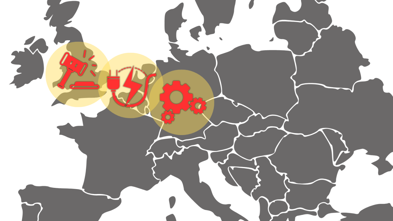 A map of Europe with industry-related icons overlaid
